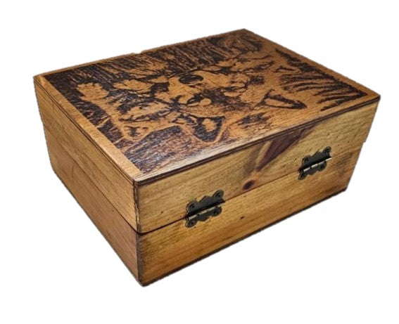 Handcrafted Wooden Jewelry Box with Wolf Design, Laser-Etched Lid,