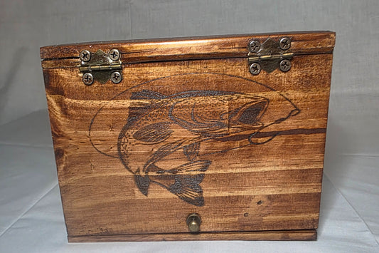 Handcrafted Wooden Jewelry Box with Laser Etched Trophy Trout Fish Design, Golden Oak Finish, 10.5"W x 5.25"D x 5.5"H, Keepsake Storage Box