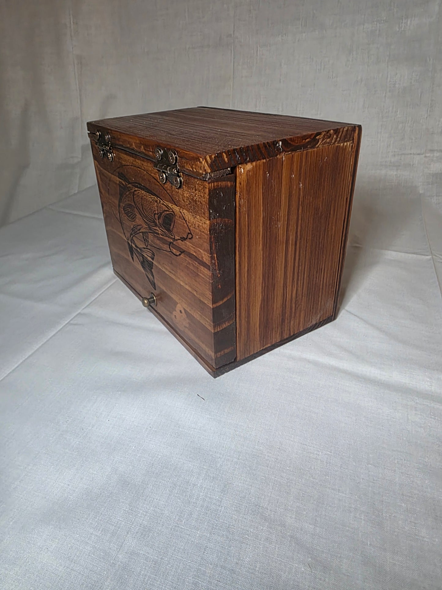 Handcrafted Wooden Jewelry Box with Laser Etched Trophy Trout Fish Design, Golden Oak Finish, 10.5"W x 5.25"D x 5.5"H, Keepsake Storage Box