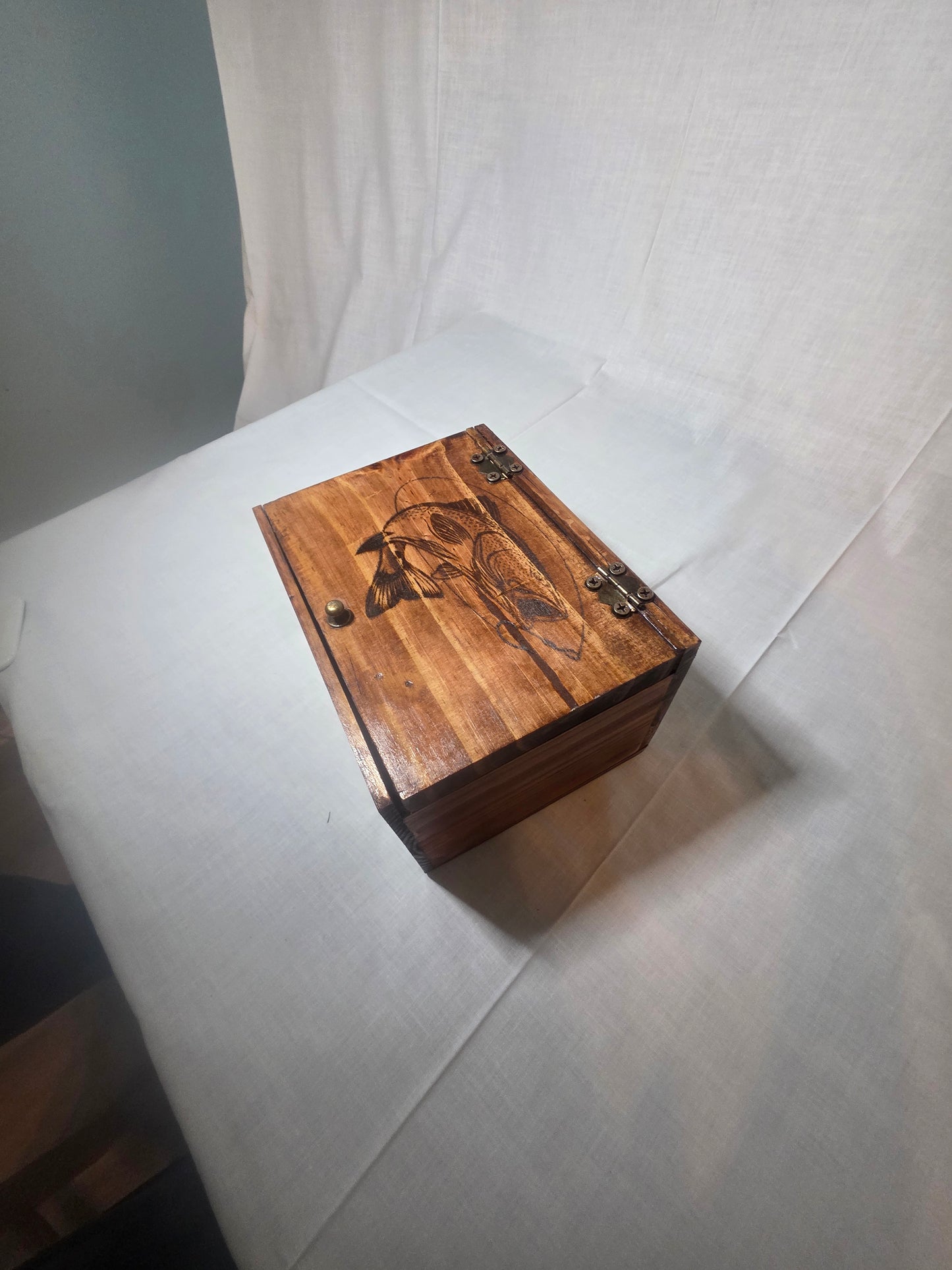 Handcrafted Wooden Jewelry Box with Laser Etched Trophy Trout Fish Design, Golden Oak Finish, 10.5"W x 5.25"D x 5.5"H, Keepsake Storage Box