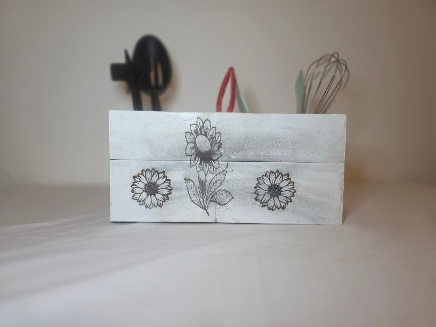 Rustic Wooden Kitchen Utensil Holder with Sunflower lasered Design,