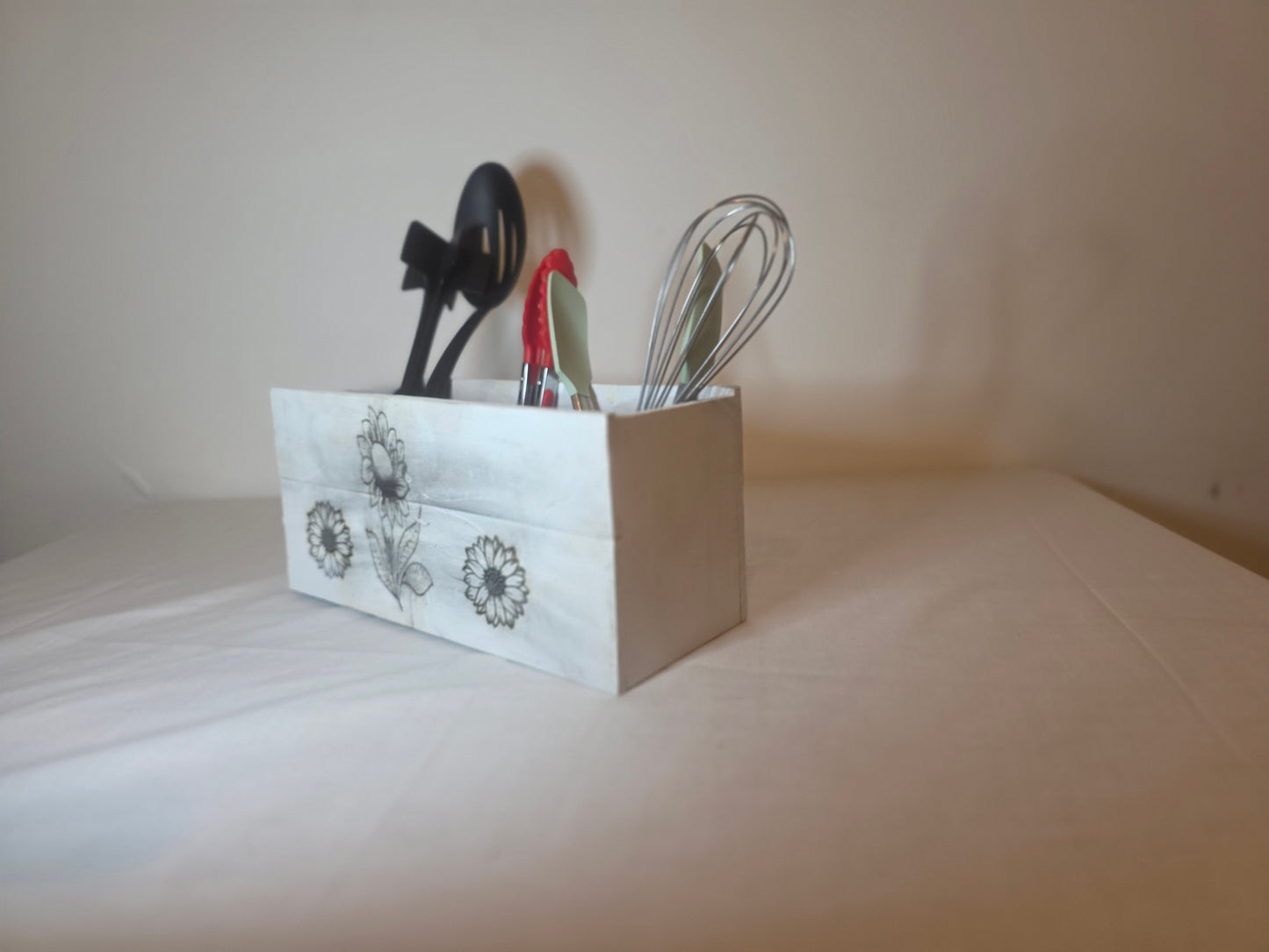 Rustic Wooden Kitchen Utensil Holder with Sunflower lasered Design,