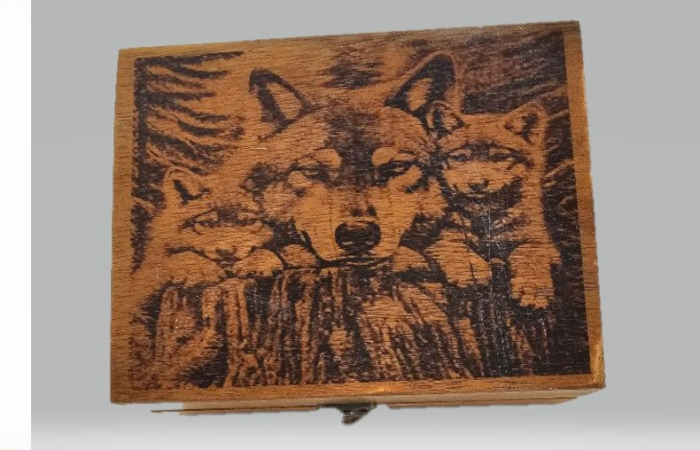 Handcrafted Wooden Jewelry Box with Wolf Design, Laser-Etched Lid,