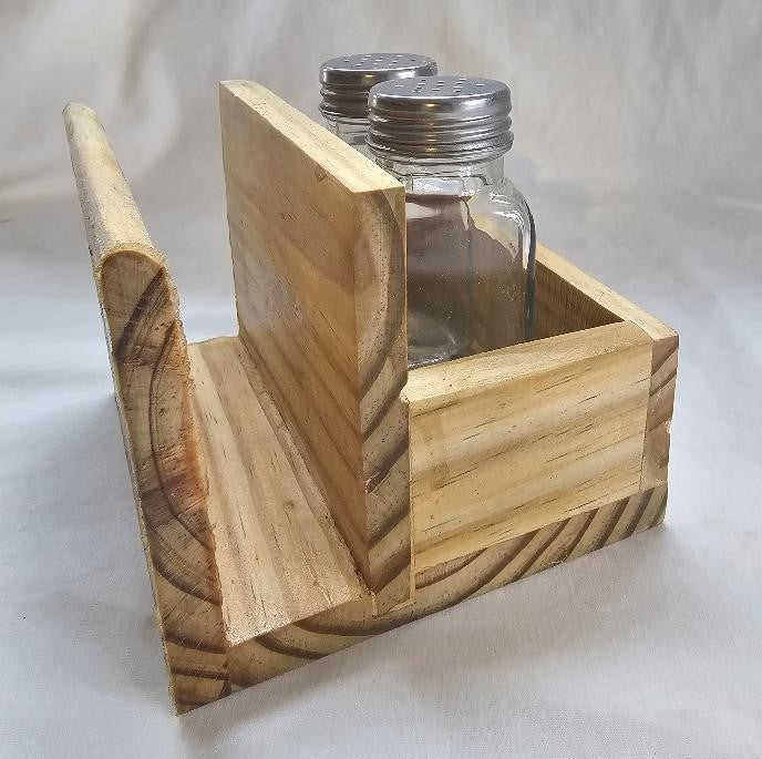 Handcrafted napkin holder with salt and pepper shakers