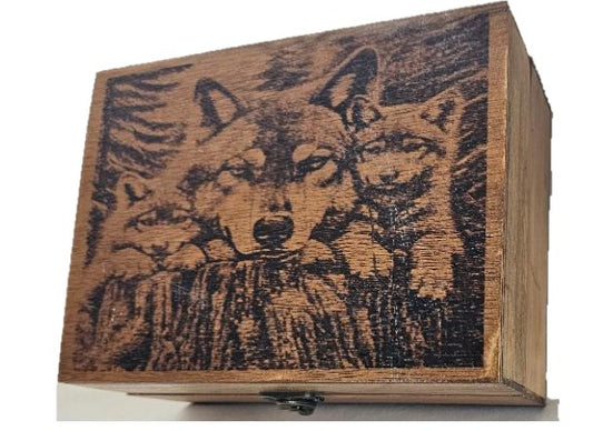 Handcrafted Wooden Jewelry Box with Wolf Design, Laser-Etched Lid,