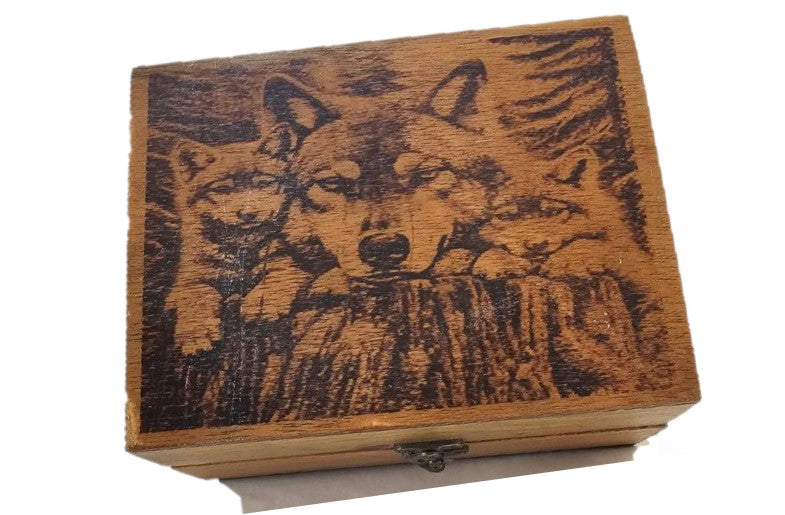 Handcrafted Wooden Jewelry Box with Wolf Design, Laser-Etched Lid,