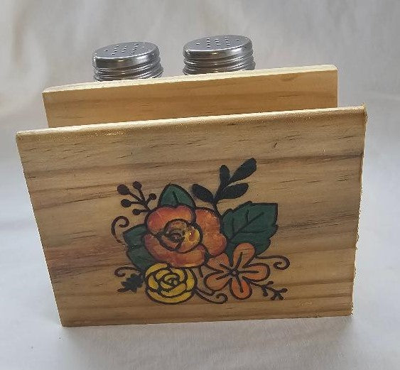 Handcrafted napkin holder with salt and pepper shakers