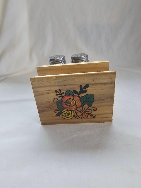 Handcrafted napkin holder with salt and pepper shakers